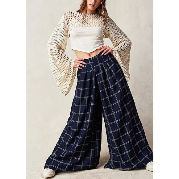 Free People Pants - FREE PEOPLE Dance At Dusk Wide Leg Trousers / Navy Combo